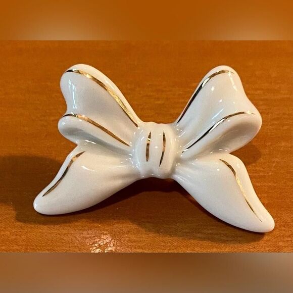 Lenox Jewelry - Lenox White Porcelain Bow Brooch Pin Gold Trim Ribbon 1.5 Inch Fashion Jewelry